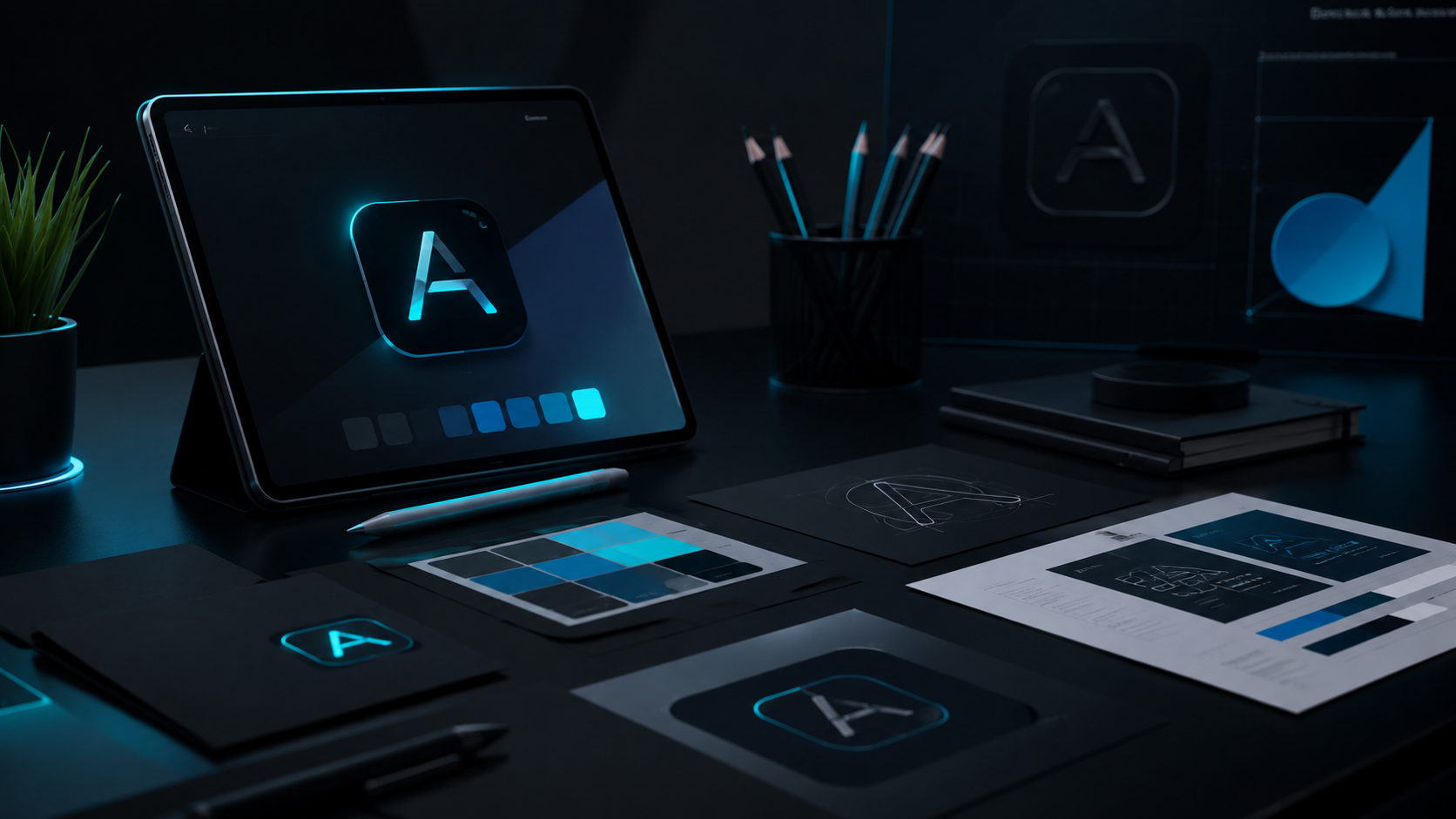 Ambiente visual representando branding, design e tecnologia da Allfa Mega